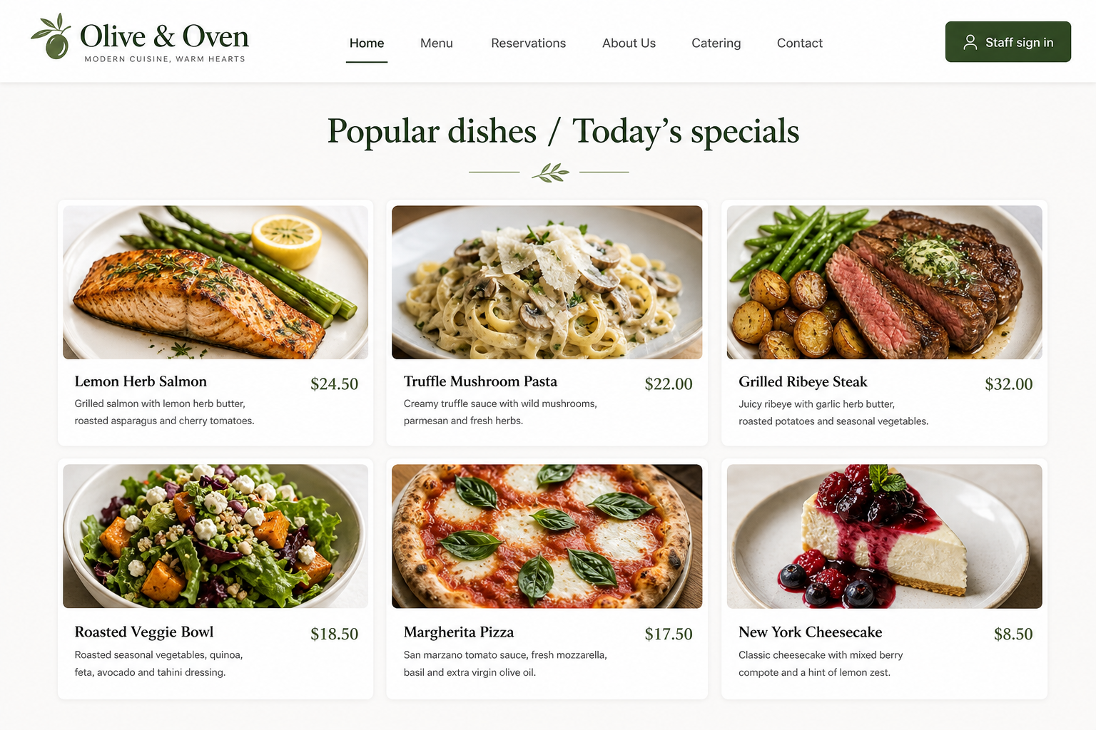 Restaurant homepage — up to 6 popular dishes / today’s specials