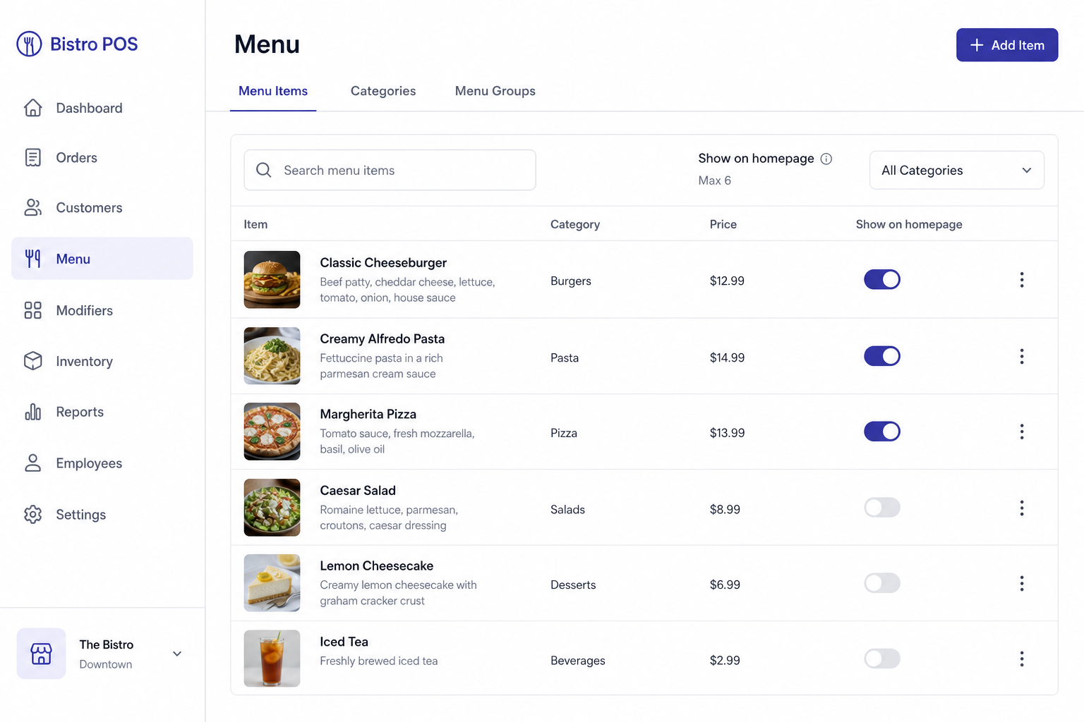 Menu editor — item details and homepage feature toggle