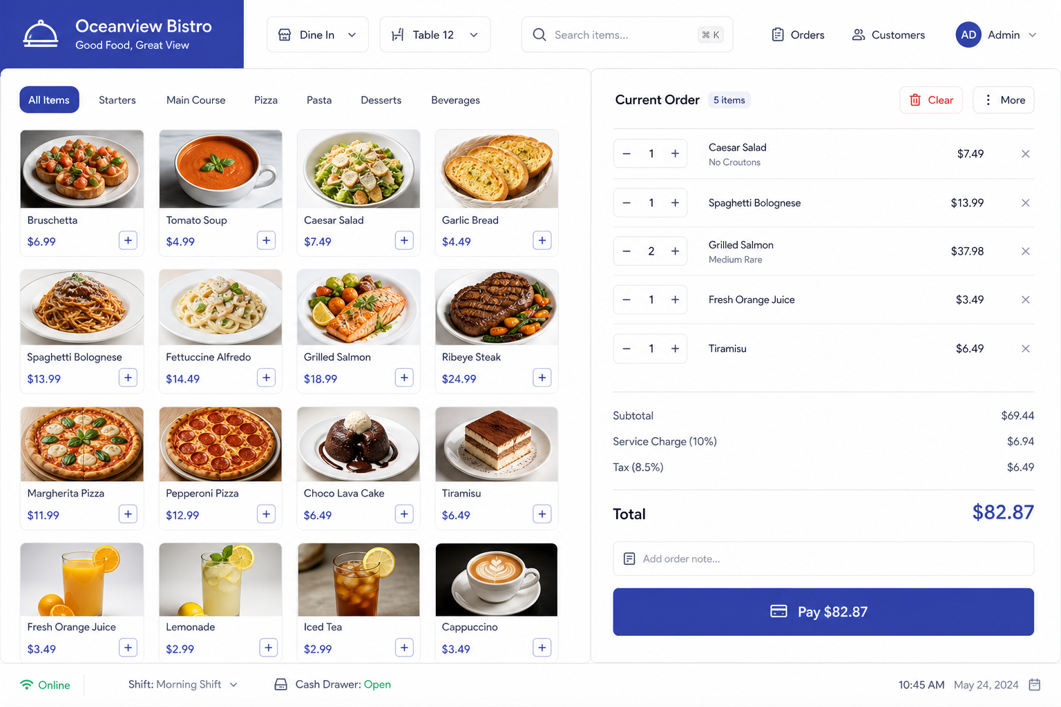 POS billing — menu grid and cart checkout